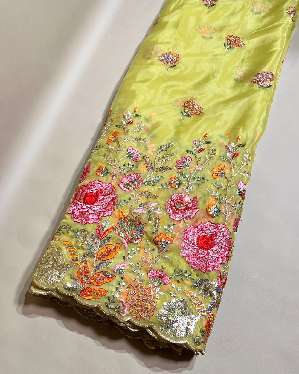 Premium Pure Soft Organza with Border Work Lemon Green Colour 42 Inches Width