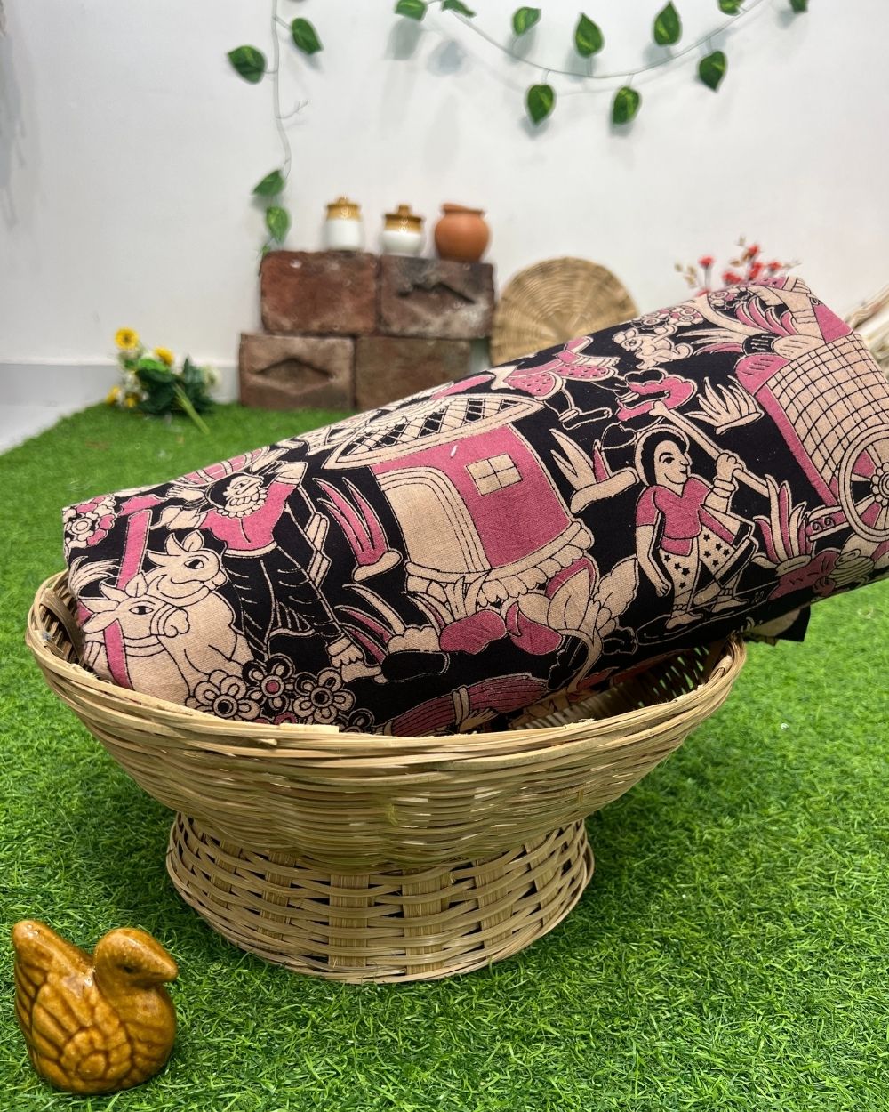 Hand Block Printed Cotton Kalamkari Black Colour 47 Inches Width