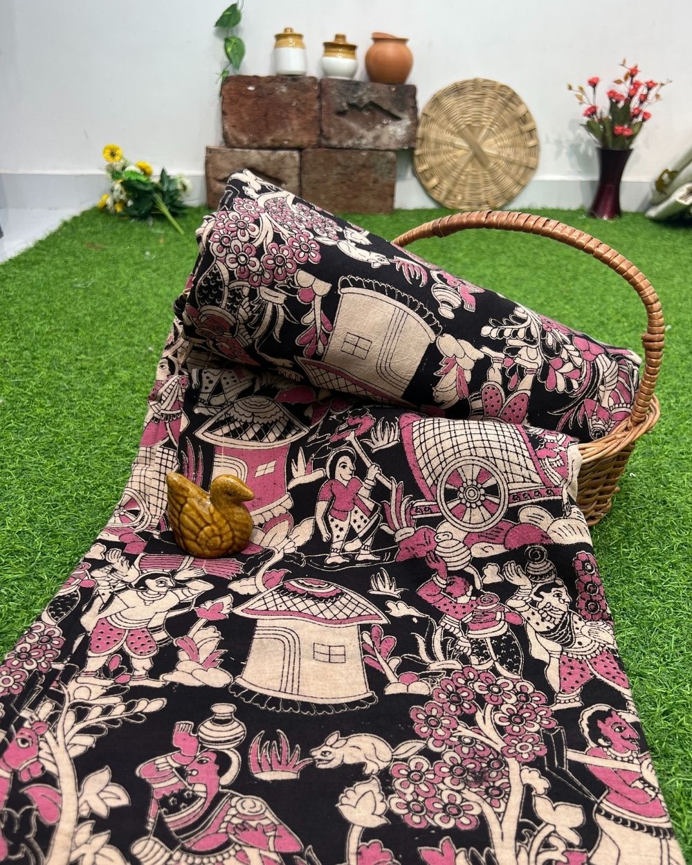 Hand Block Printed Cotton Kalamkari Black Colour 47 Inches Width