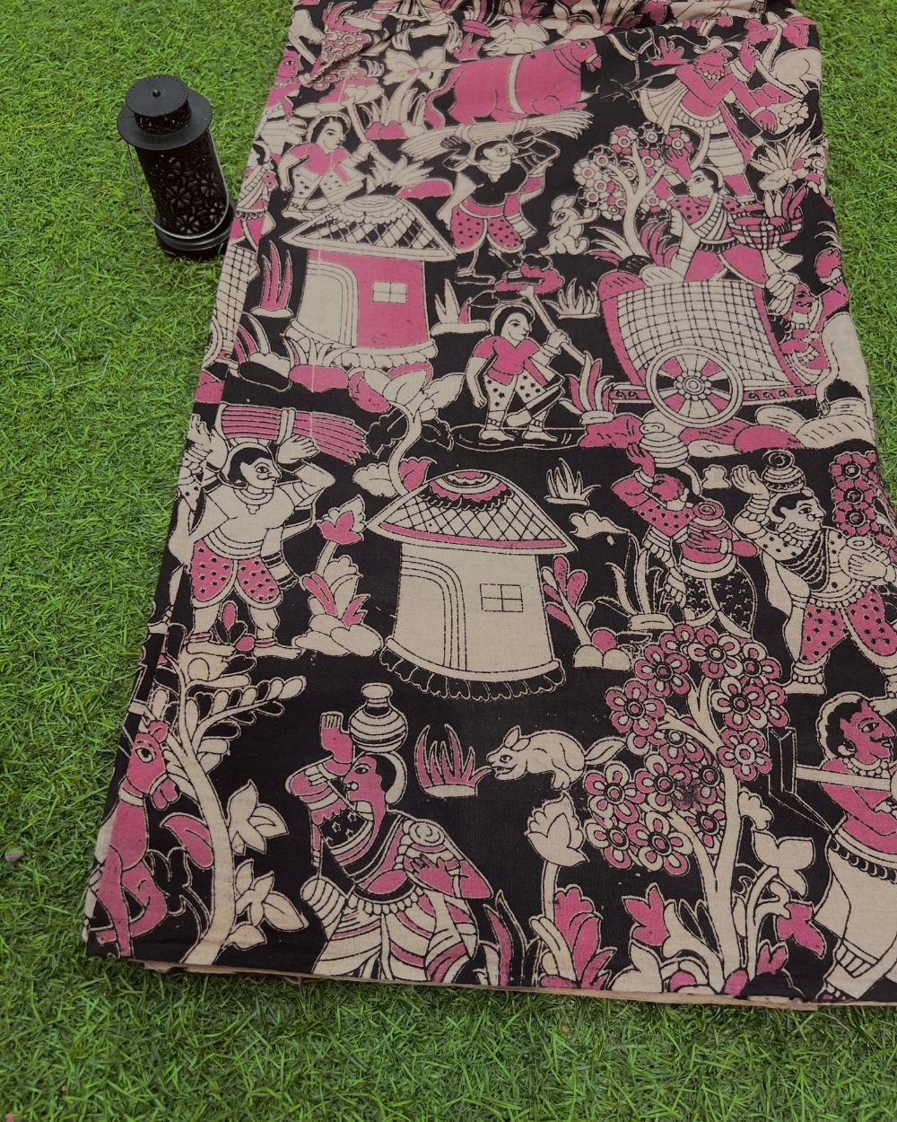 Hand Block Printed Cotton Kalamkari Black Colour 47 Inches Width