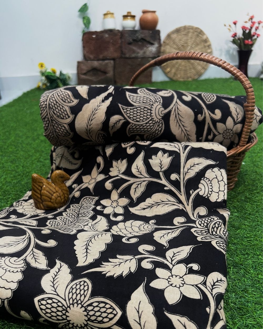 Hand Block Printed Cotton Kalamkari Black Colour 47 Inches Width