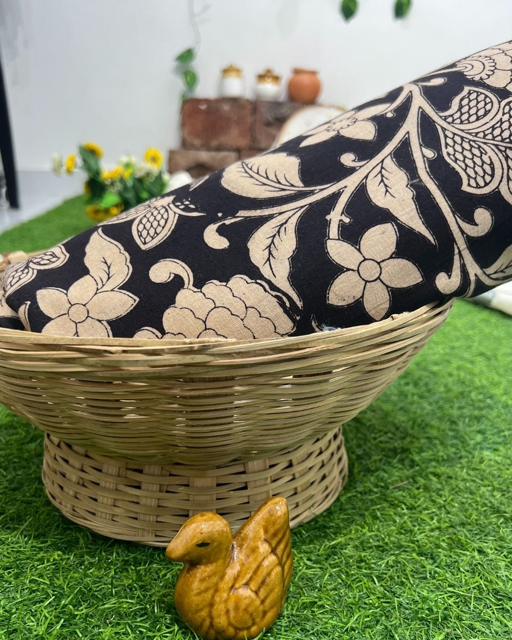 Hand Block Printed Cotton Kalamkari Black Colour 47 Inches Width