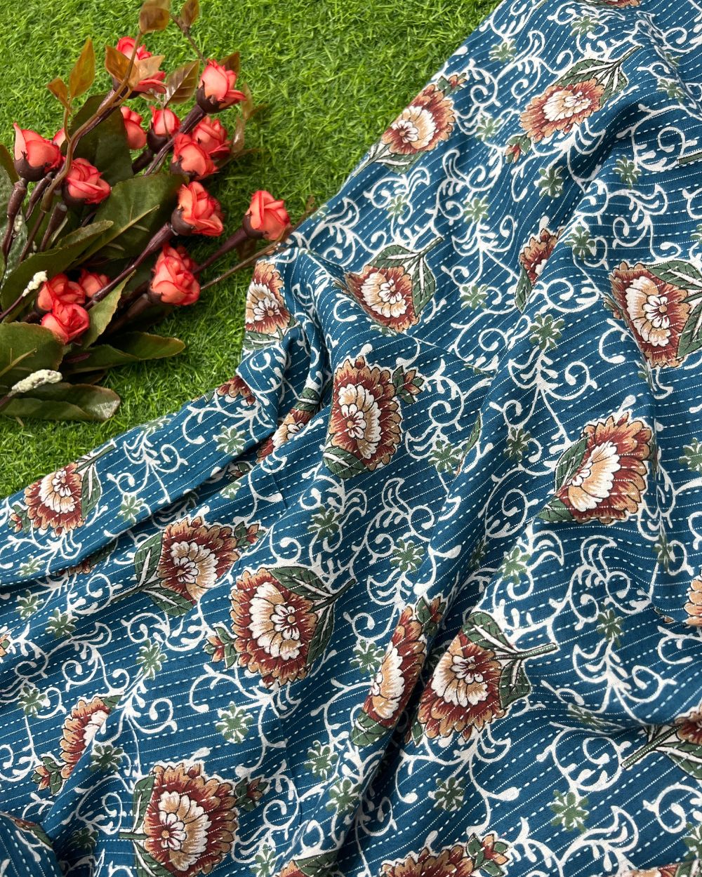 Printed Cotton Kantha Work Light Blue Colour 44 Inches Width