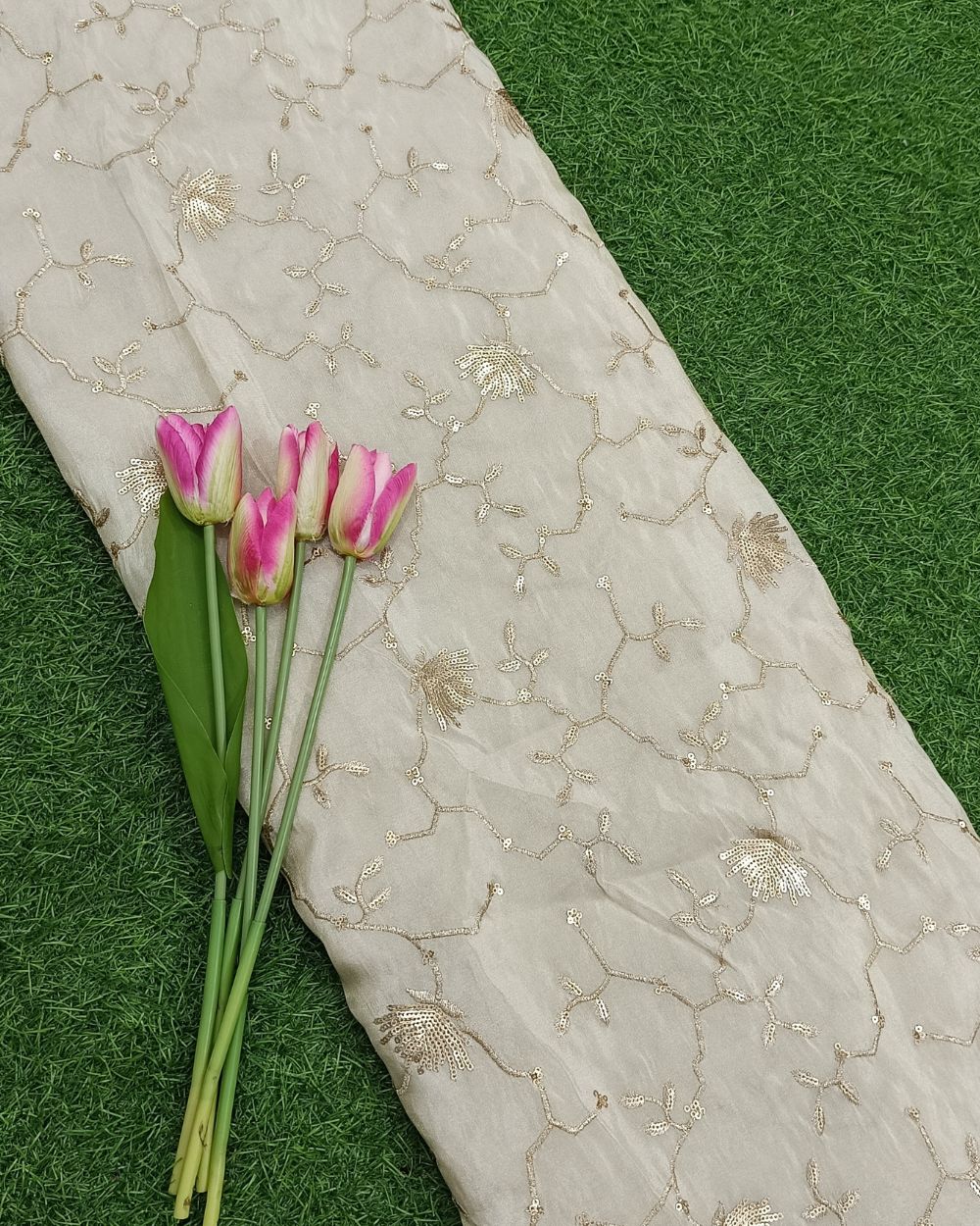 Dyeable Cosmos Work Golden Colour 42 Inches Width