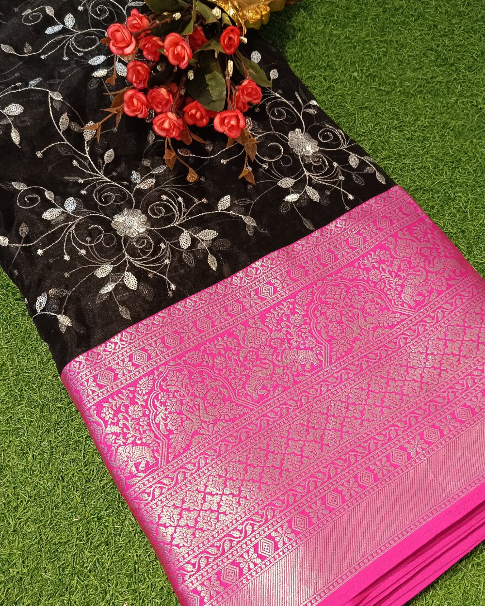Organza with Border Work Black Colour 42 Inches Width