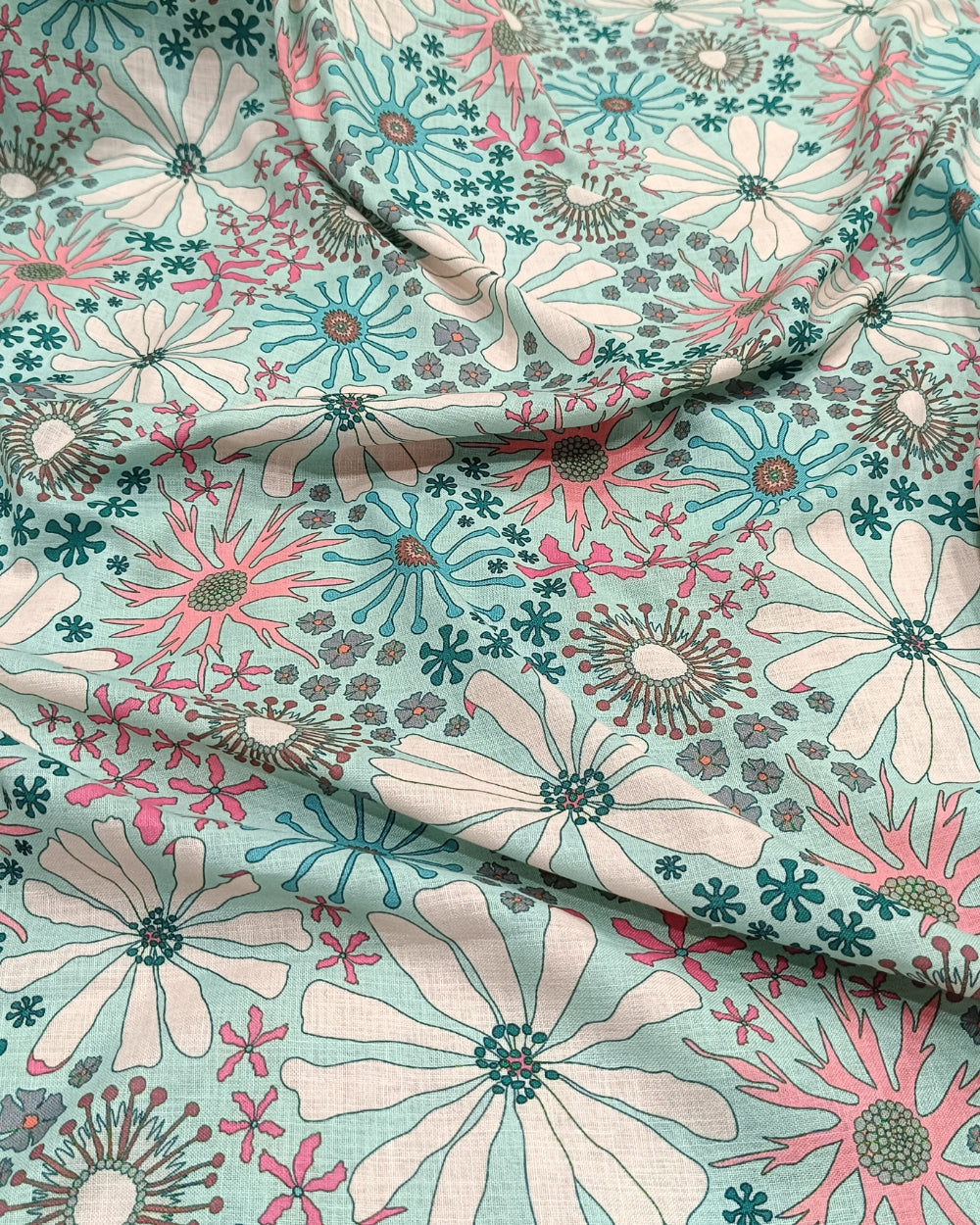 Cotton Linen Feel Floral Print Light Sky Blue Colour 43 Inches Width