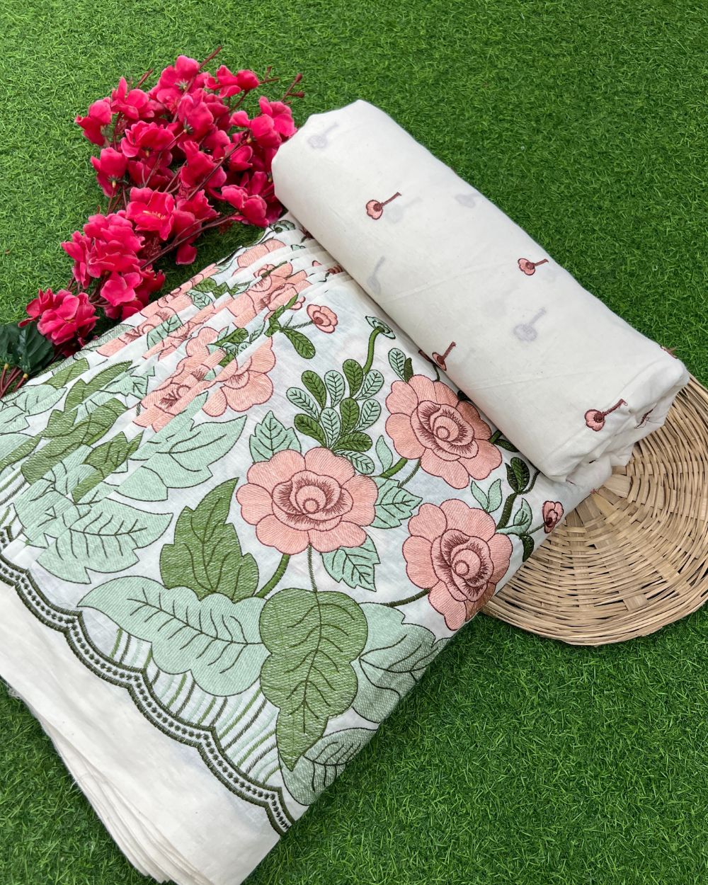 Kora Cotton Border Work Peach Colour 45 Inches Width