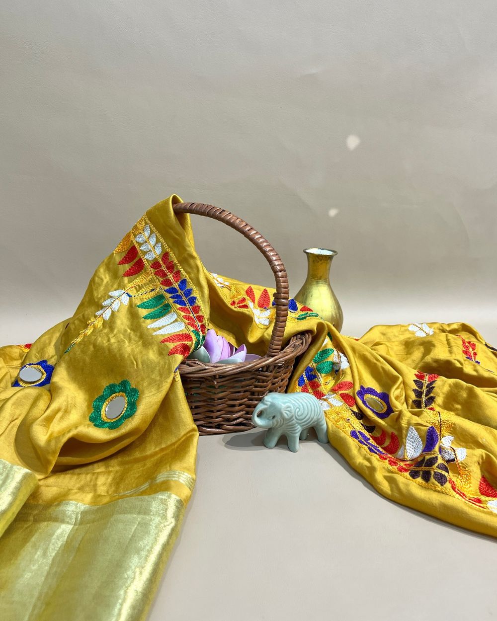 Abla Work Lagdi Patta Dupatta Art Silk Golden Colour 40 Inches Width