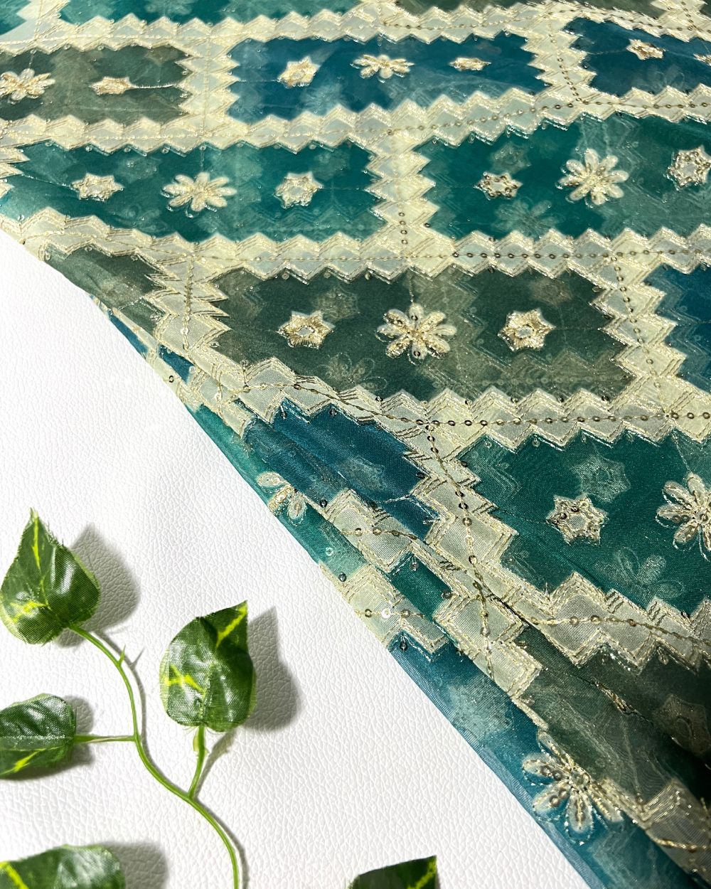 Position Print with Sequin Embroidery on Premium Organza Peacock Green Colour 48 Inches Width