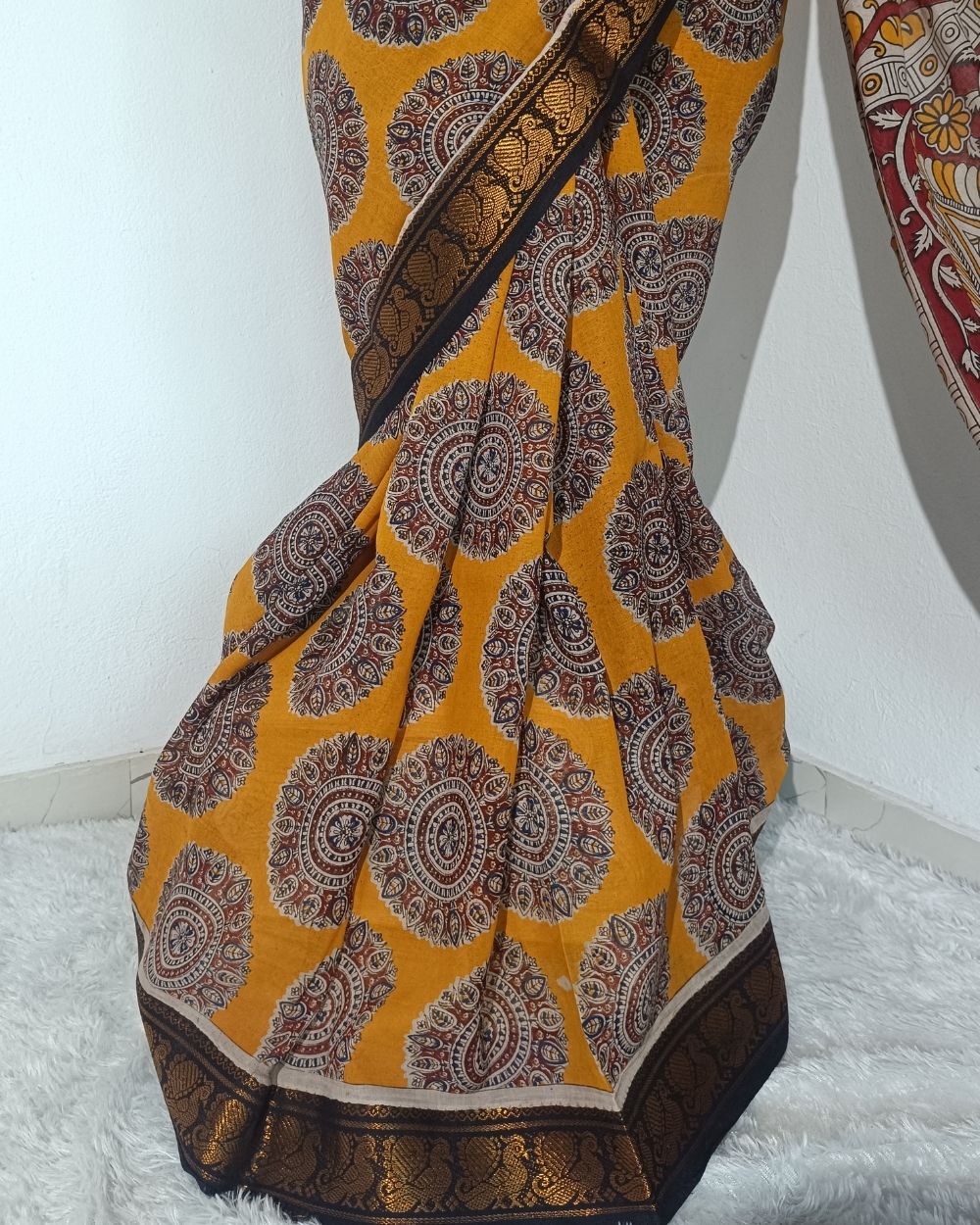 Hand Block Printed Cotton Kalamkari Saree with Blouse Piece Turmeric Yellow Colour 46 Inches Width