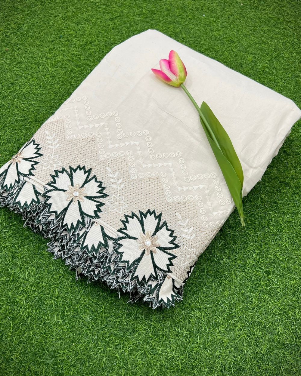 Kora Cotton with Cut Work Border Dark Bottle Green Colour 42 Inches Width