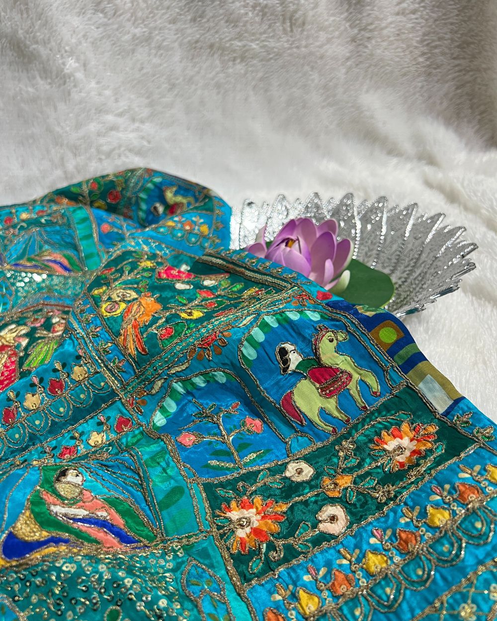 Position Print with Sequin Embroidery on Natural Crepe Work Peacock Blue Colour 42 Inches Width