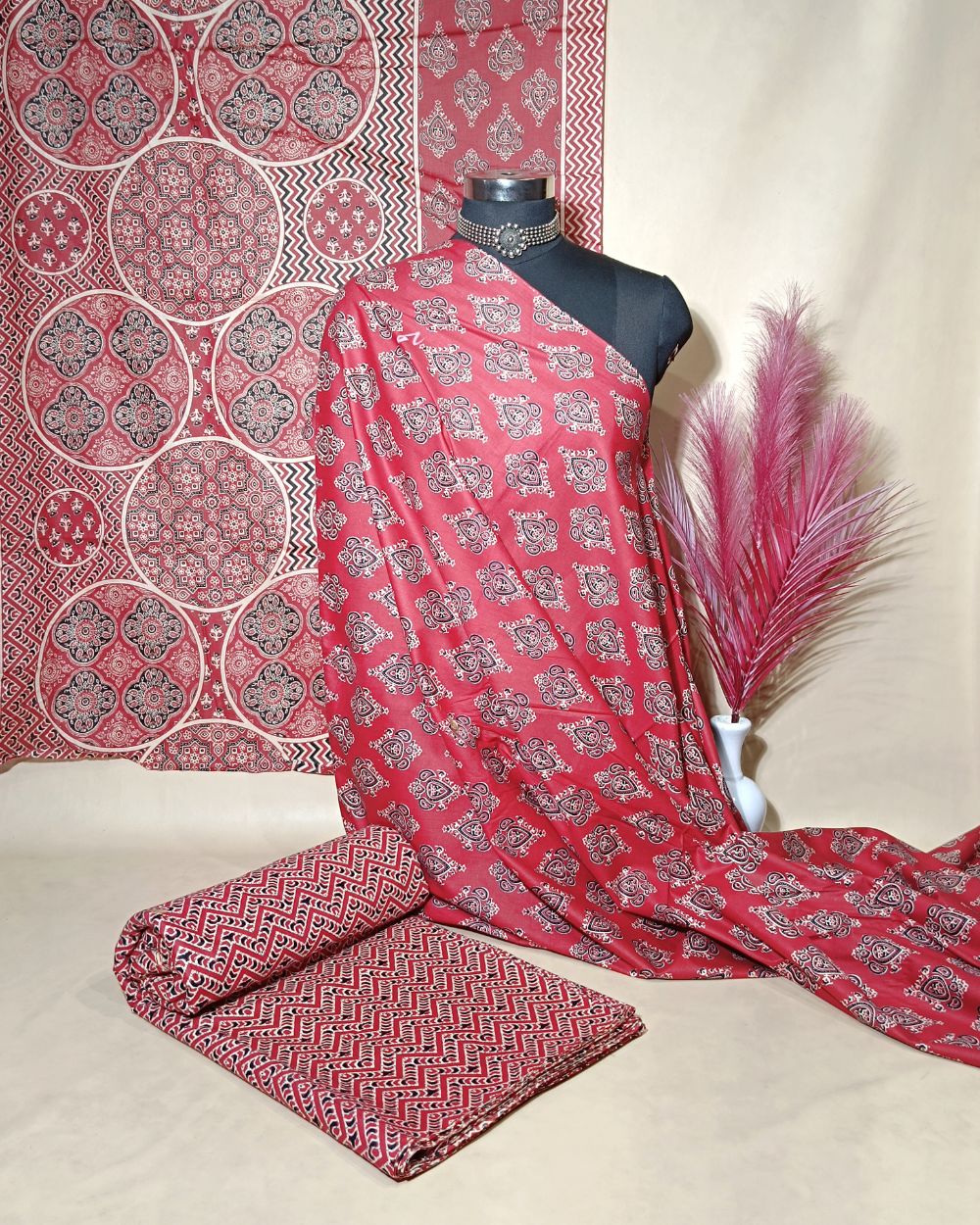 Printed Cotton Unstitched Top-Bottom Set with Dupatta Maroon Colour 44 Inches Width