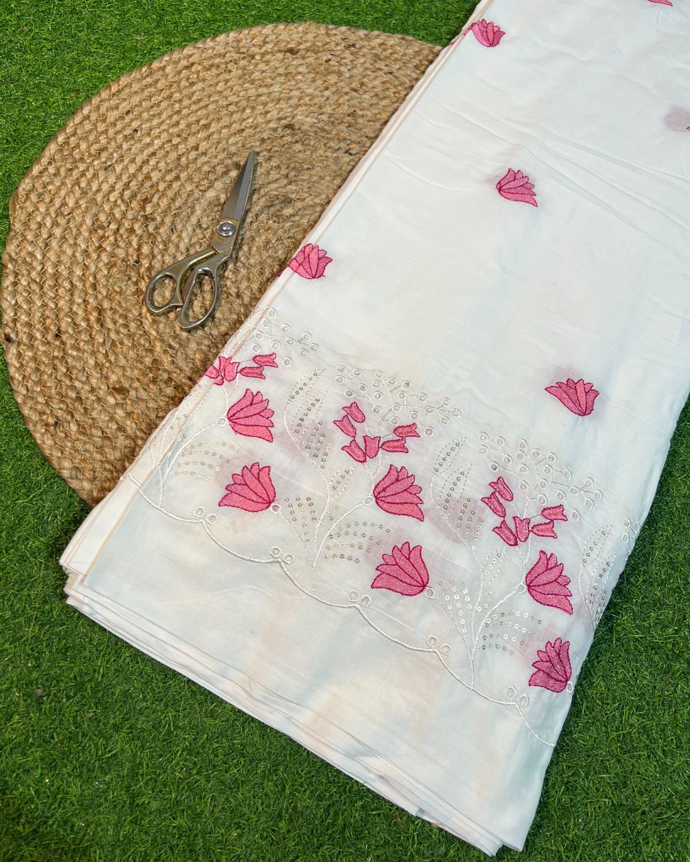 Cotton Work with Border White Colour 44 Inches Width