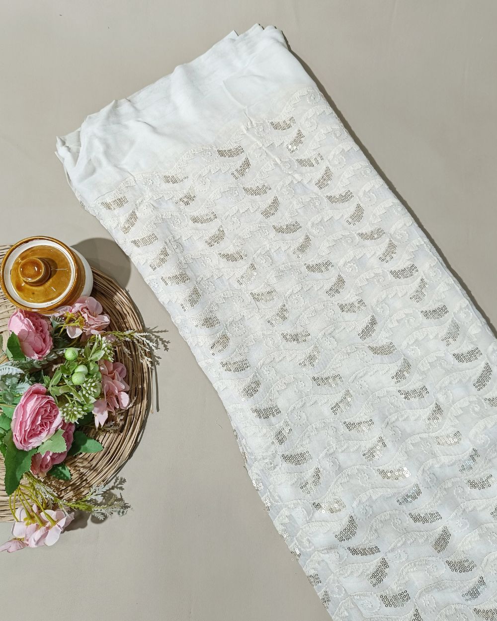 Dyeable Lucknowi Work Viscose Georgette White Colour 44 inches width