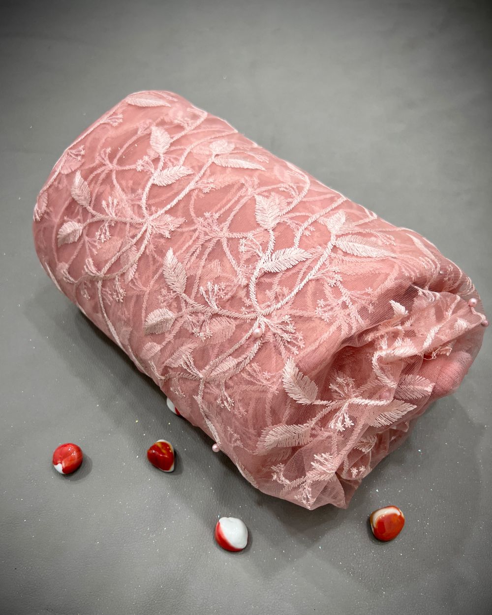 Moti Net Work Peach Colour 42 Inches Width