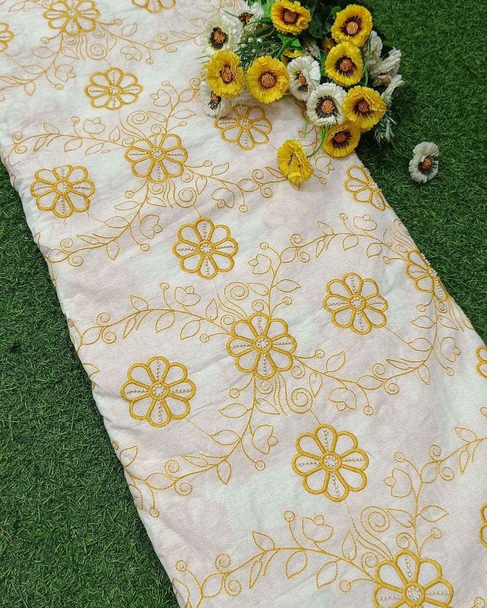 Kora Cotton Moti Work Yellow Colour 45 Inches Width