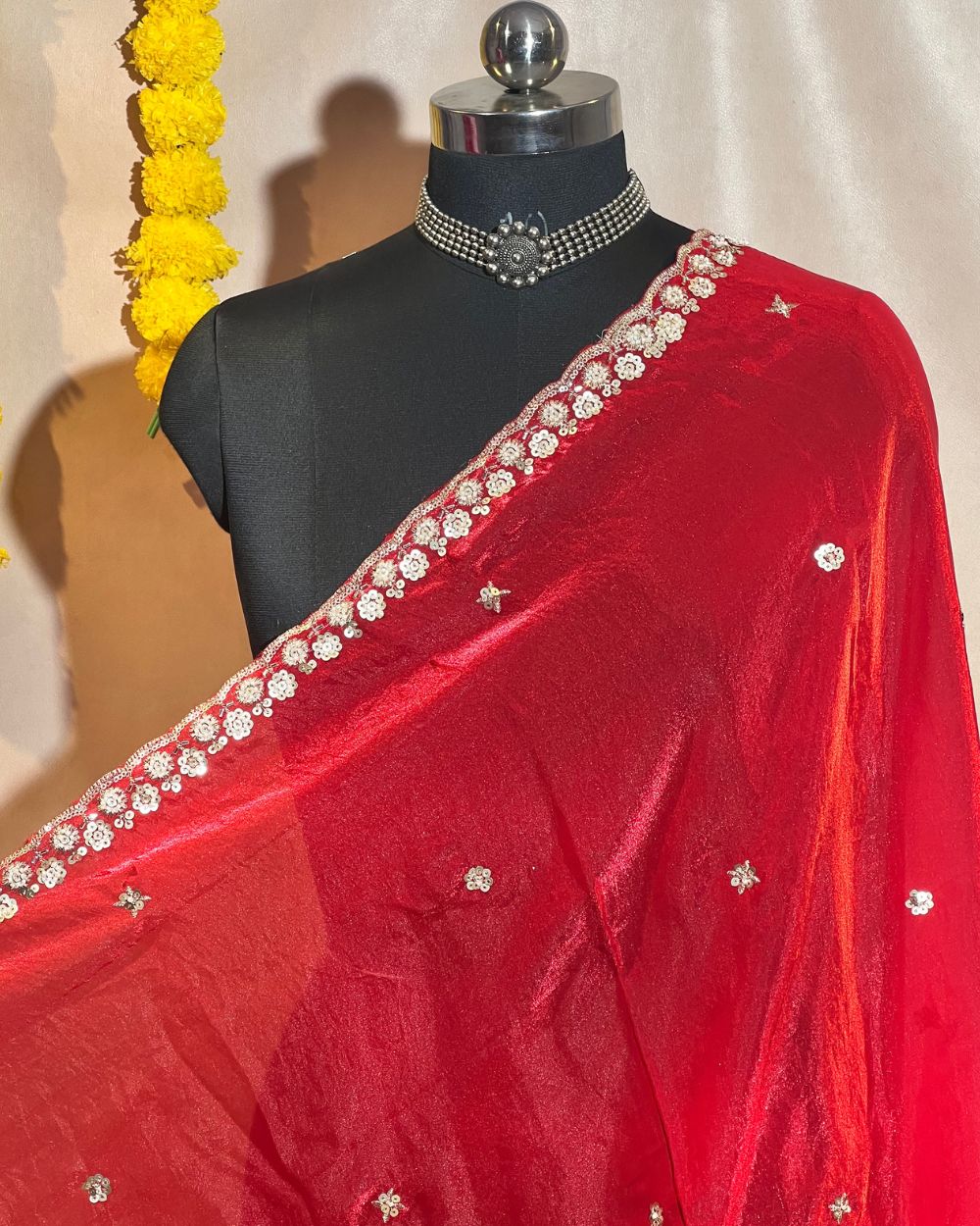 Space Silk Work Dupatta Fabric with Border Red 38 Inches Width