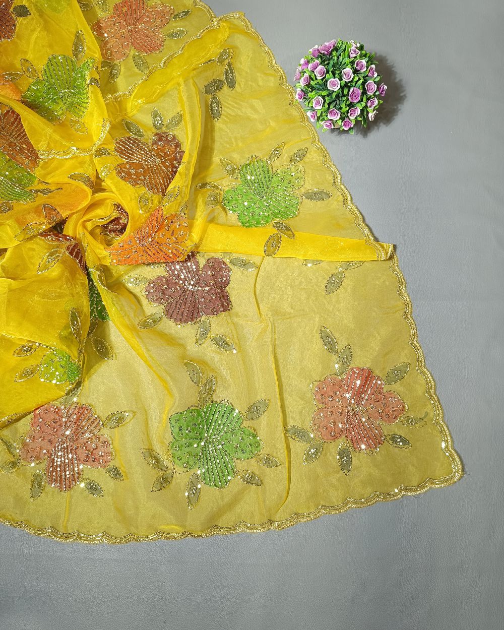 Premium Pure Soft Organza Work Dupatta Yellow Colour 39 Inches Width