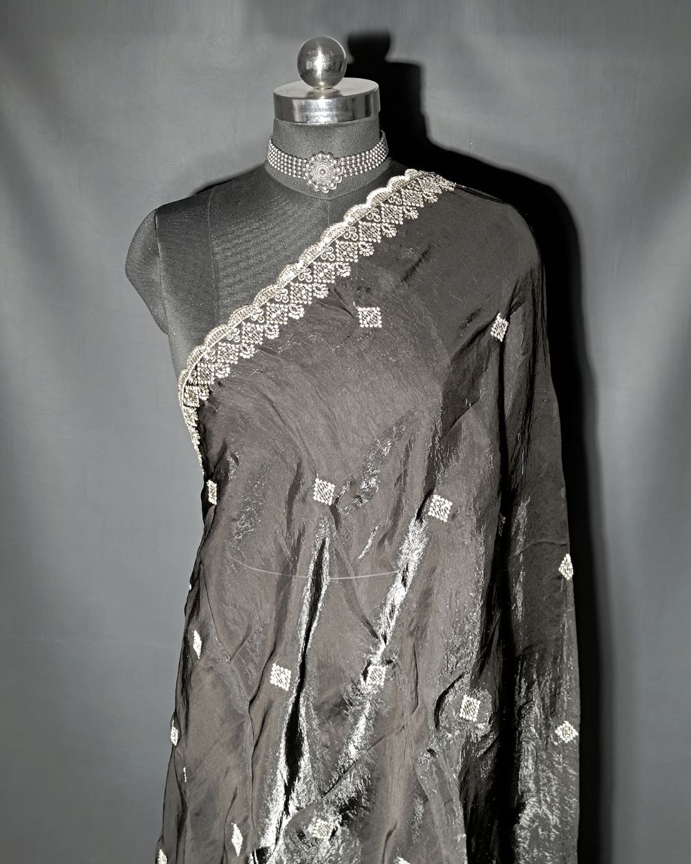 Space Silk Work Dupatta with Border Black Colour 45 Inches Width
