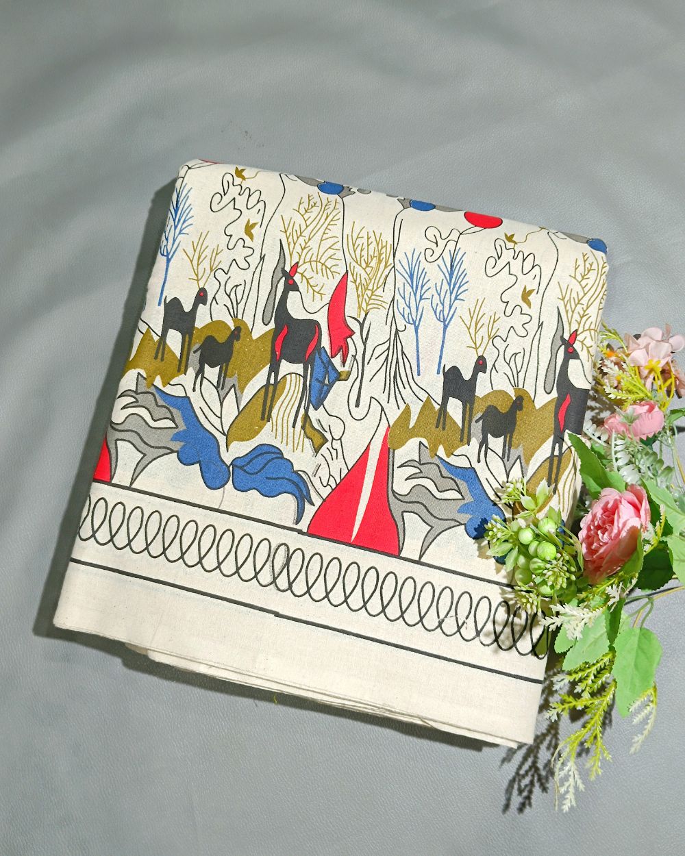 Printed Khadi Cotton with Border Multicolour Colour 42 Inches Width