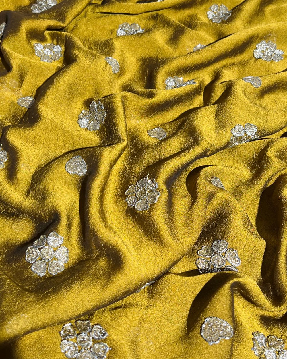 Rangoli Crush Silk Work Mustard Yellow Colour 42 Inches Width