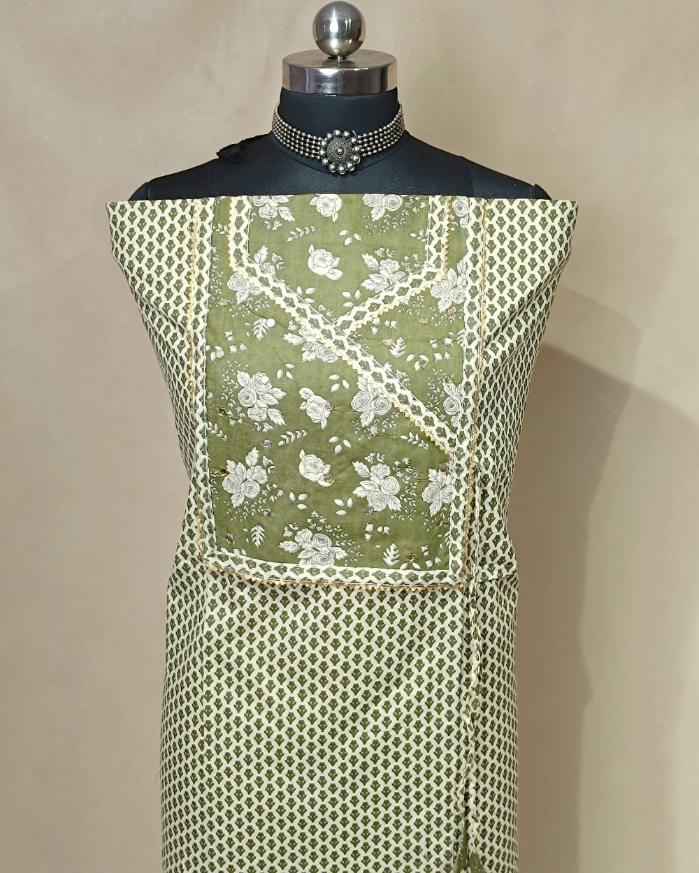 Printed Cotton Unstitched Top Pattern Mehandi Green Colour 44 Inches Width