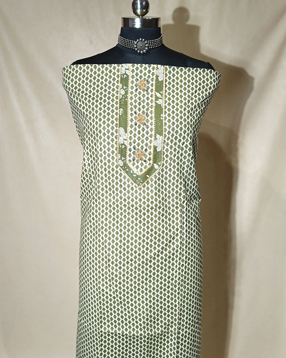 Printed Cotton Unstitched Top Pattern Mehandi Green Colour 44 Inches Width