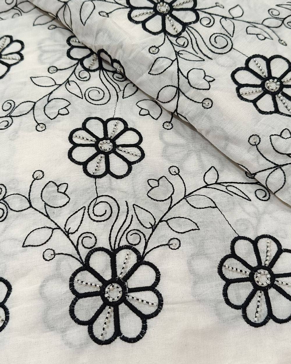 Kora Cotton Moti Work Black Colour 45 Inches Width