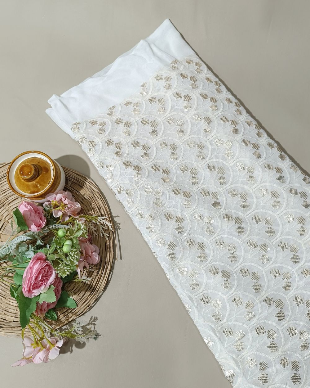 Dyeable Lucknowi Work Viscose Georgette White Colour 44 inches width