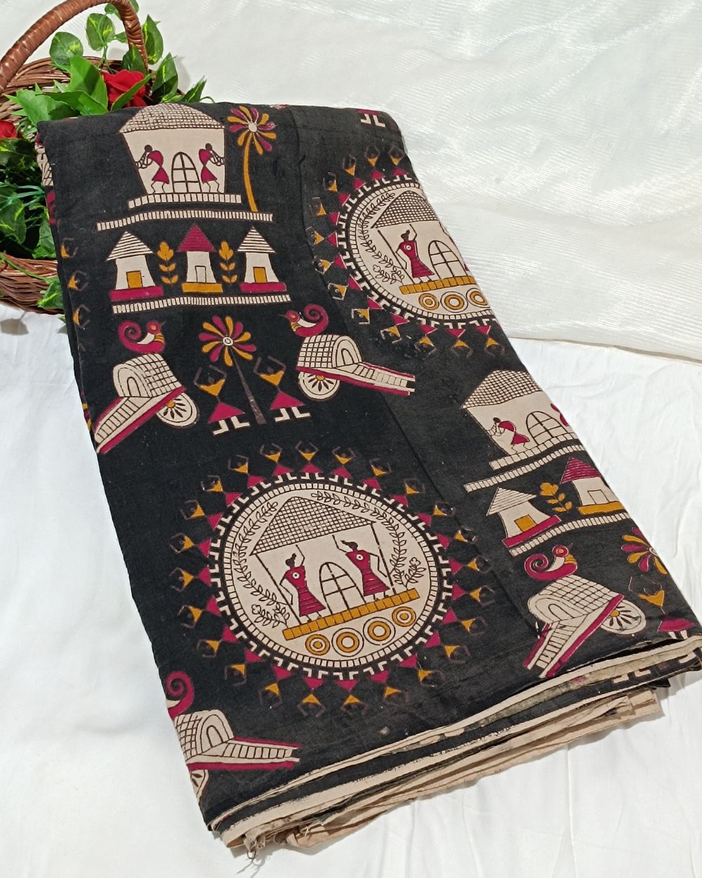 Hand Block Printed Cotton Kalamkari Black Colour 44 Inches Width