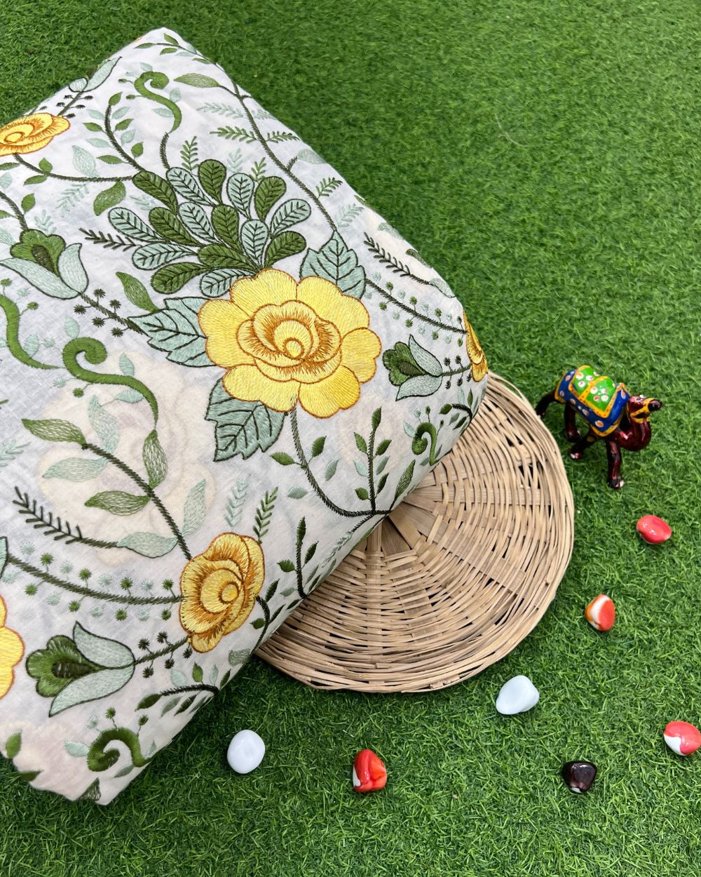 Kora Cotton Work Yellow Colour 45 Inches Width
