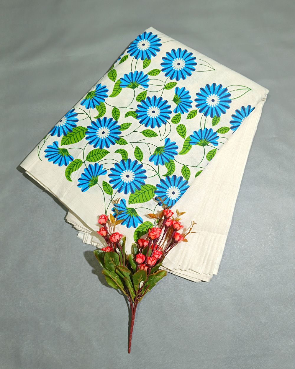 Printed Khadi Cotton with Border Blue Colour 42 Inches Width