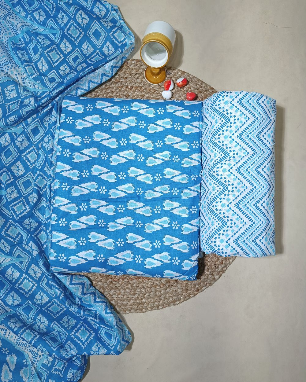 Printed Cotton Unstitched Top-Bottom Set with Dupatta Sky Blue Colour 44 Inches Width