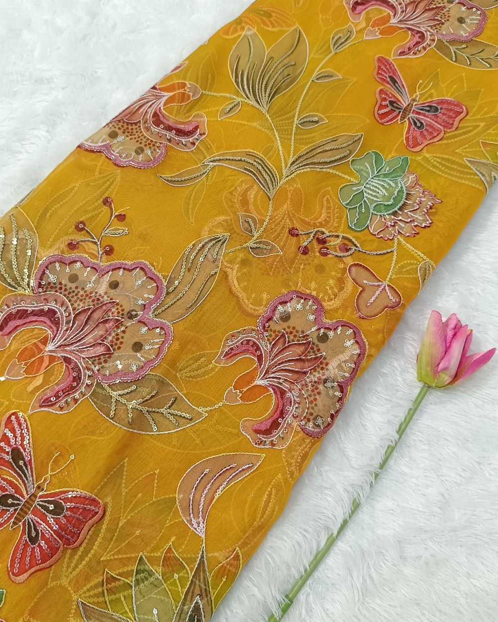 Pure Soft Organza Work Mustard Yellow Colour 44 Inches Width