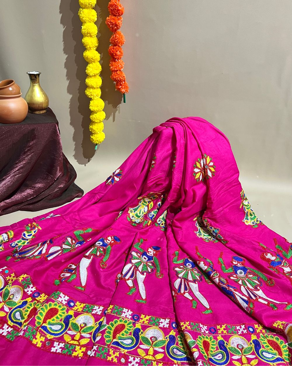 Rayon Gamthi(Rajasthani) Work Hot Pink (Multicolor) 45 Inches Width