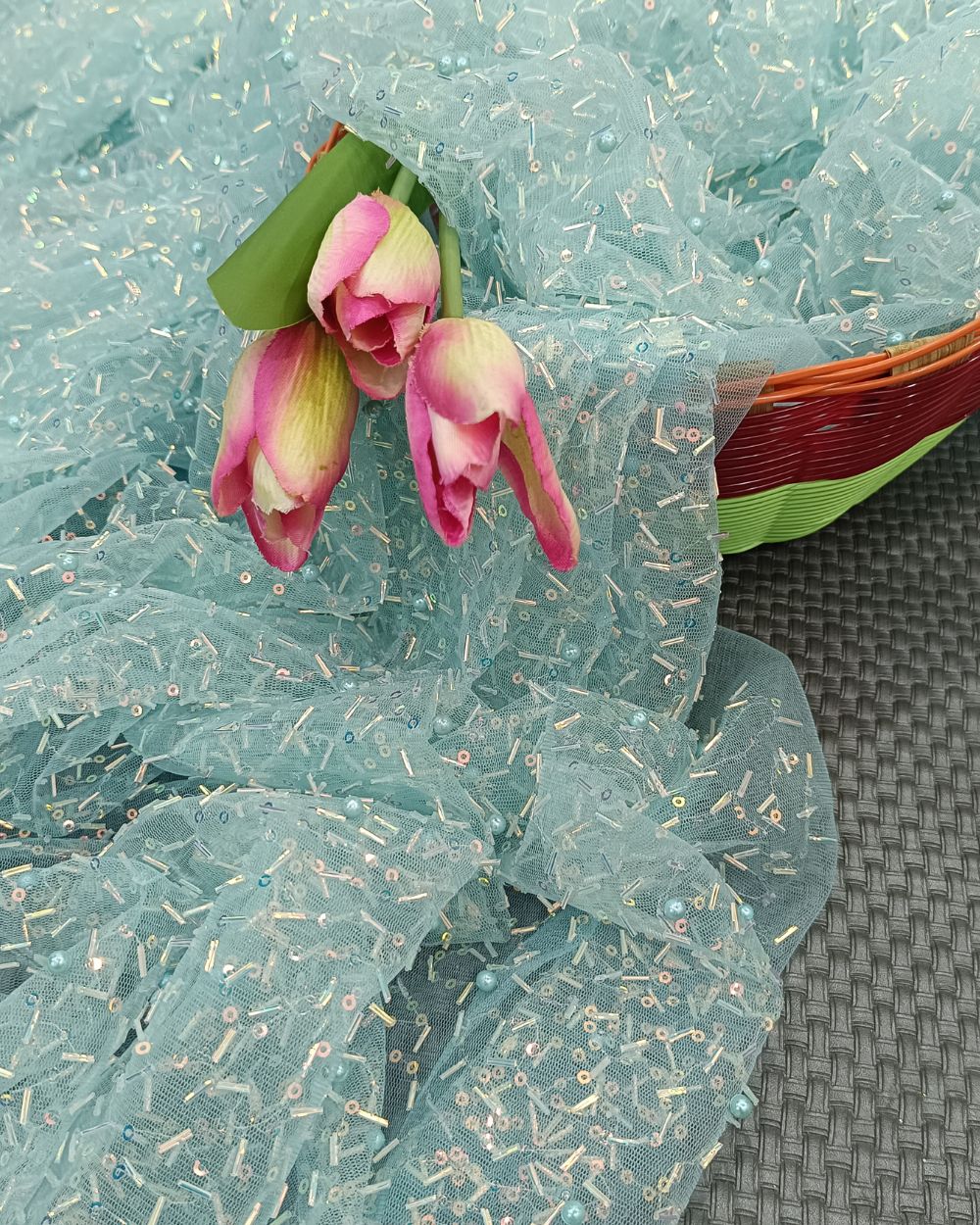 Imported Net Work Pastel Blue Colour 47 Inches Width
