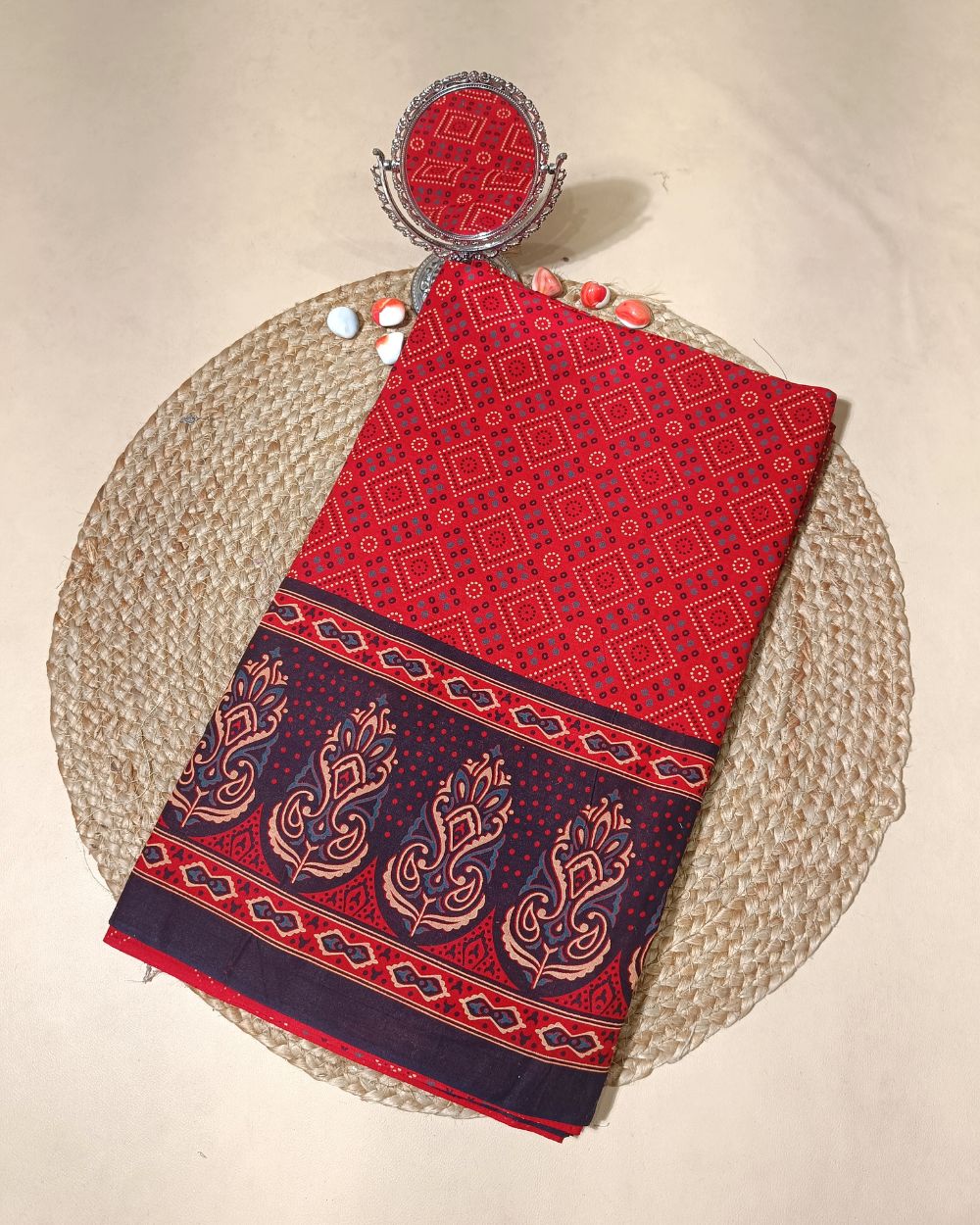 Printed Gujari Cotton with Border Red Colour 42 Inches Width