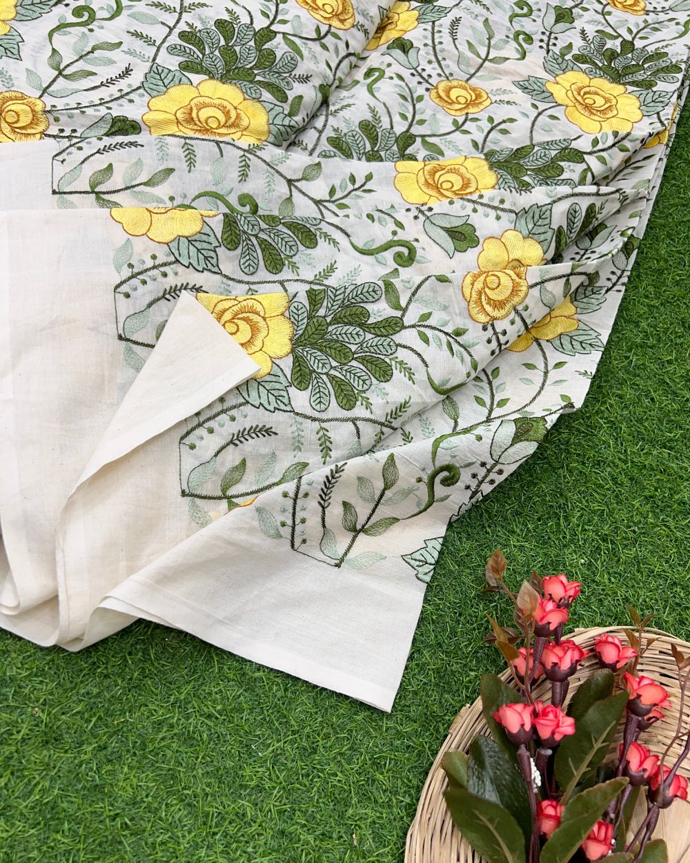 Kora Cotton Work Yellow Colour 45 Inches Width