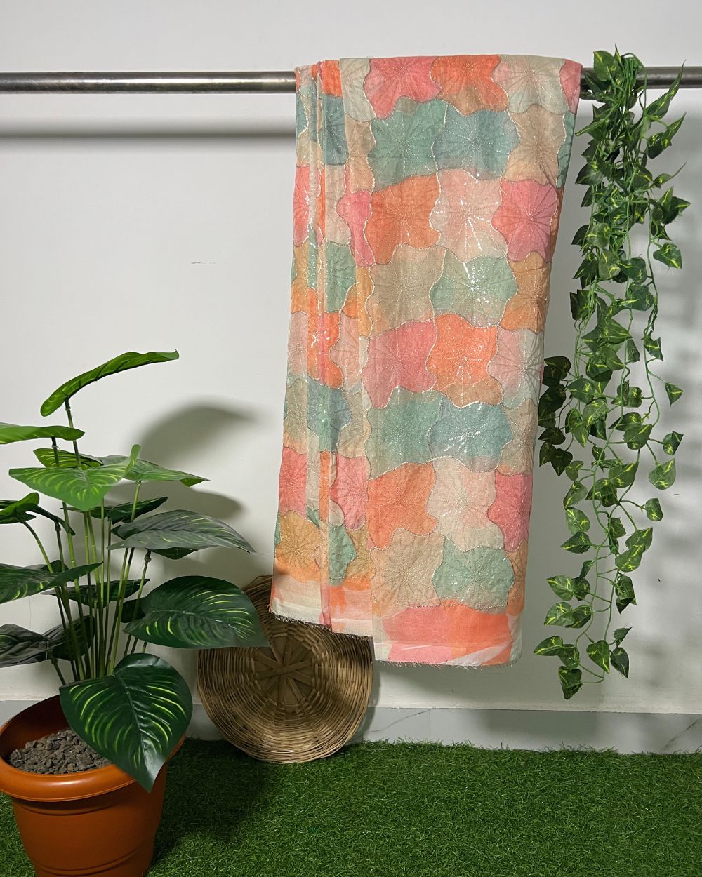 Position Print with Sequin Embroidery on Premium Organza Multicolor 42 Inches Width