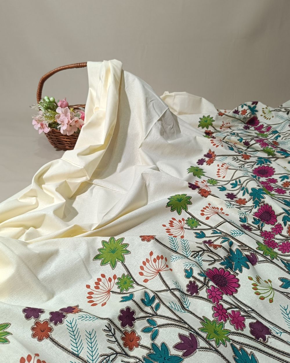 Printed Khadi Cotton with Border Milky White  Colour 42 Inches Width