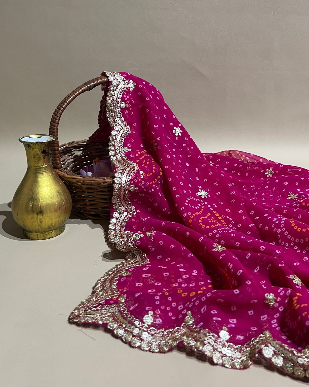 Georgette Bandhani Dupatta with Cut Work Border Rani Pink Colour 37 Inches Width