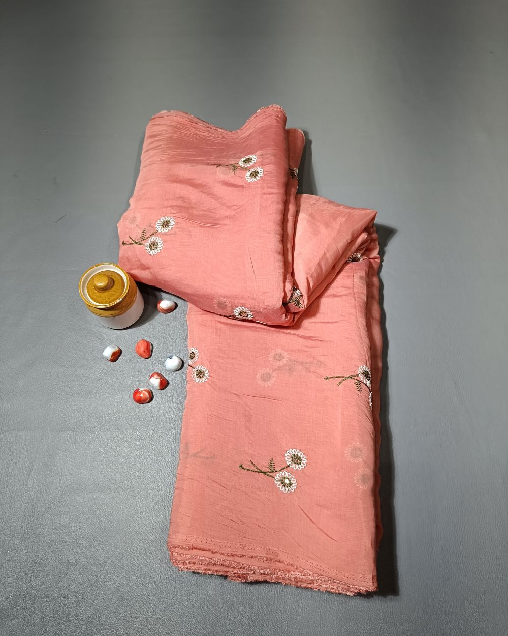 Chanderi Mal Cotton with Thread Work Light Peach Colour 43 Inches Width