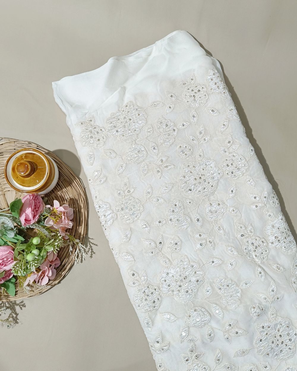 Dyeable Lucknowi Work Viscose Georgette White Colour 44 inches width