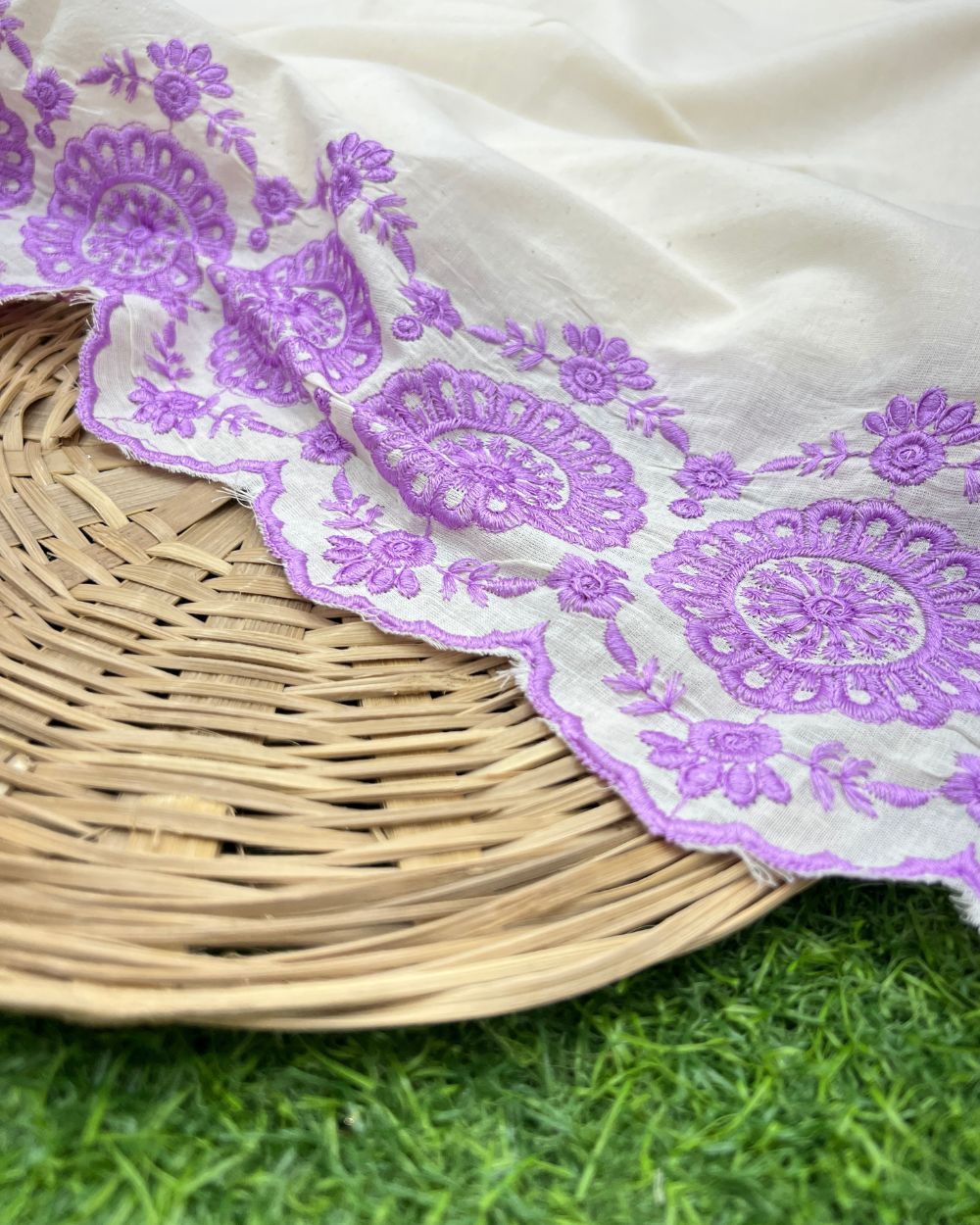 Kora Cotton with Cut Work Border Lavender Colour 42 Inches Width