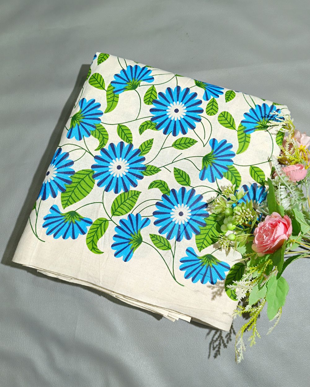 Printed Khadi Cotton with Border Blue Colour 42 Inches Width