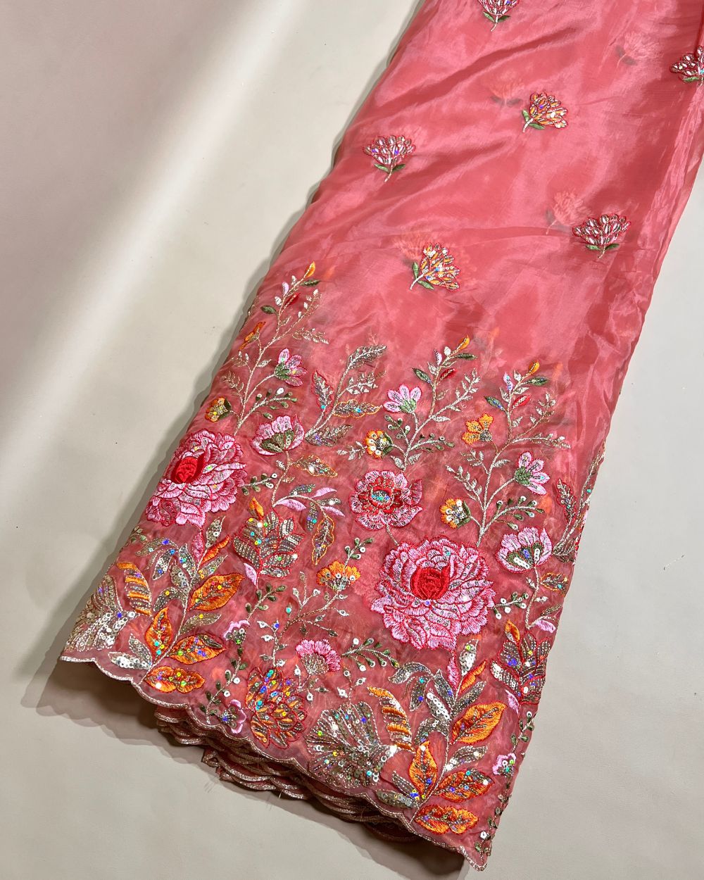 Premium Pure Soft Organza with Border Work Watermelon Pink Colour 42 Inches Width