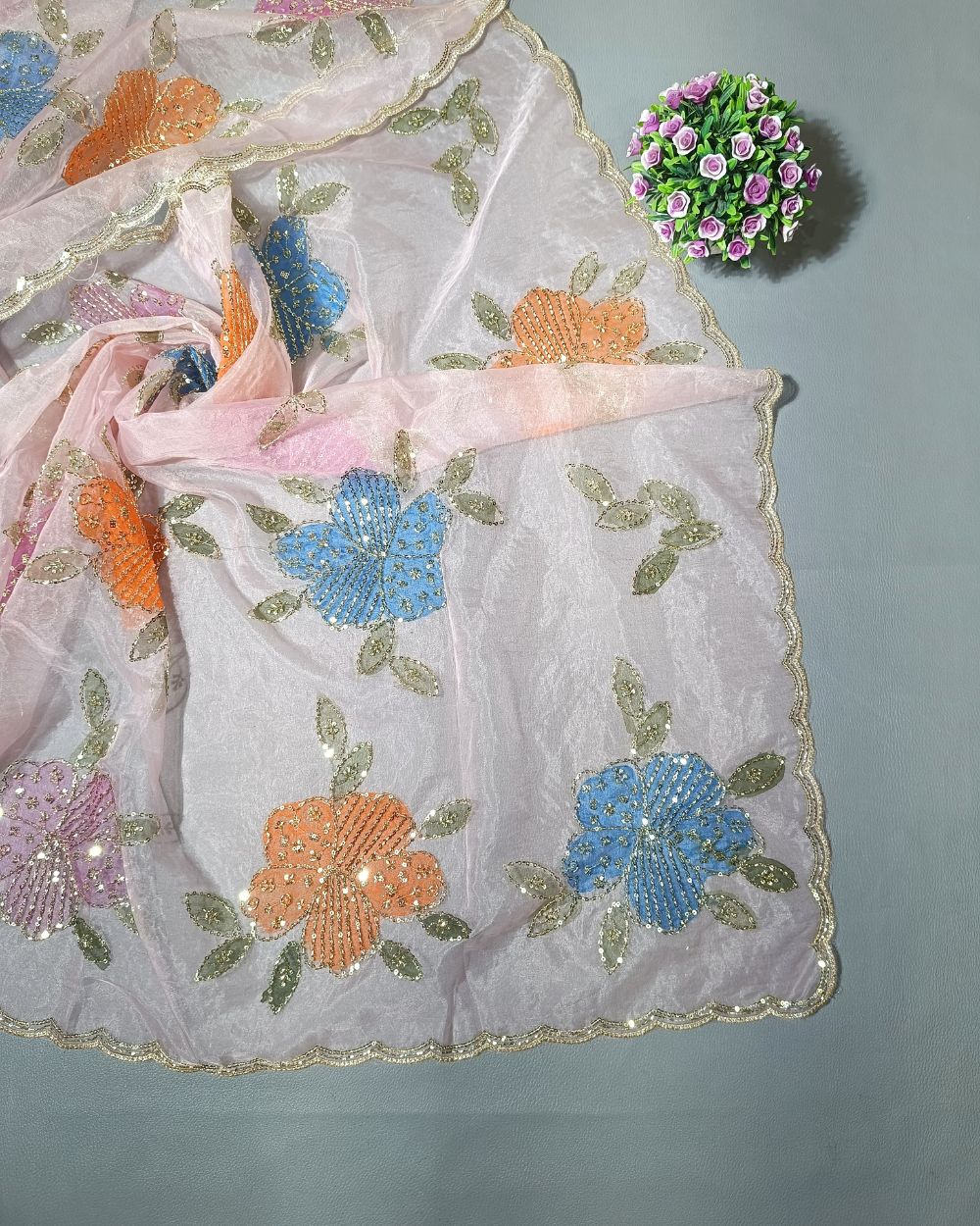 Premium Pure Soft Organza Work Dupatta Baby Pink Colour 39 Inches Width