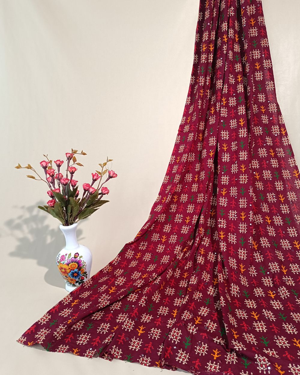 Cotton Abla Work Maroon Colour 42 Inches Width