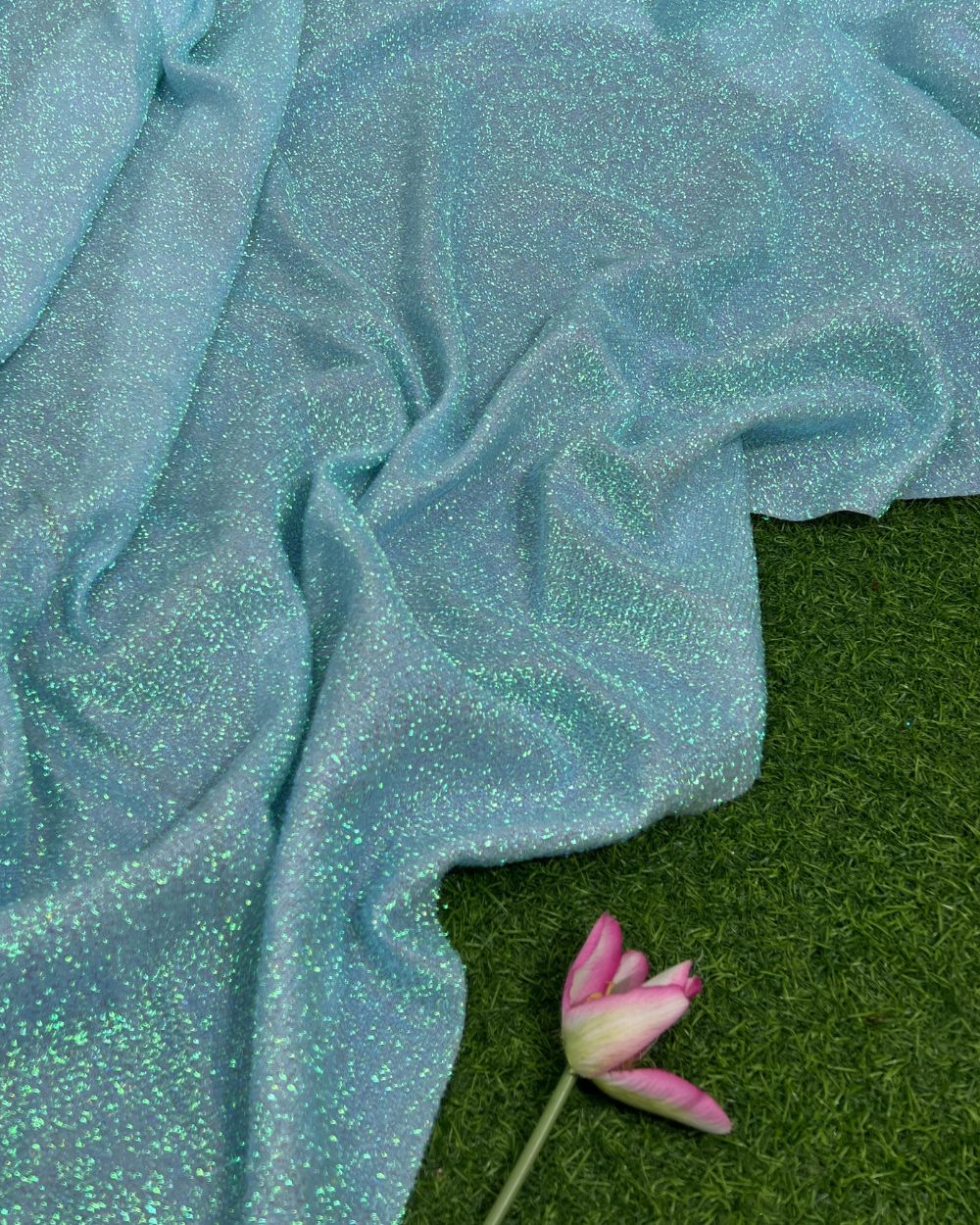 Imported Sparkling Tinsel Lurex Fabric Stretch Metalic Glitter Multicolor (Sky Blue) 60 Inches Width